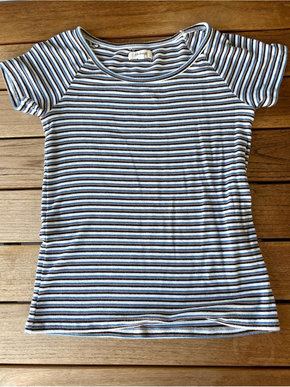 Madewell Striped Ribbed Scoop Tee in Blue, Brown and White